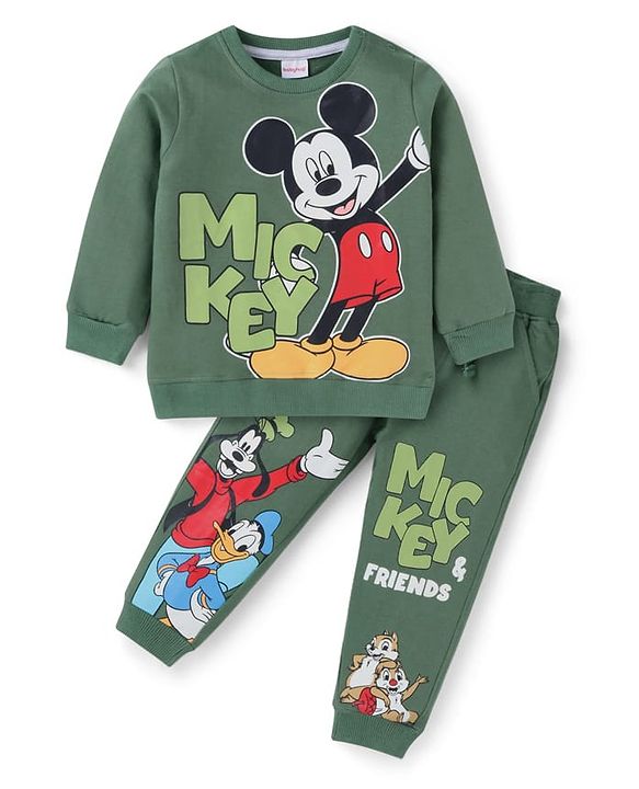 Babyhug Disney Single Jersey Knit Full Sleeves T-Shirt & Track Pant Set With Mickey & Friends Graphics - Olive