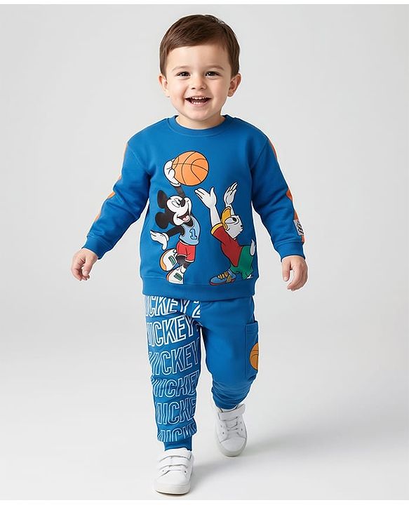 Babyhug Disney  Terry Knit Full Sleeves T-Shirt & Lounge Pants Set With Mickey Mouse & Friends Graphics - Blue