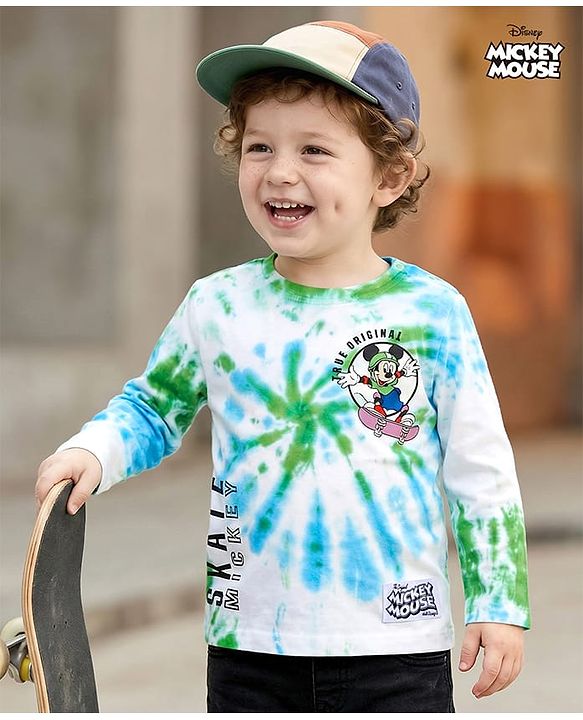 Babyhug Disney Single Jersey Full Sleeves T-Shirt Front & Back Mickey & Friends Graphic With Badge Detailing - Light Blue
