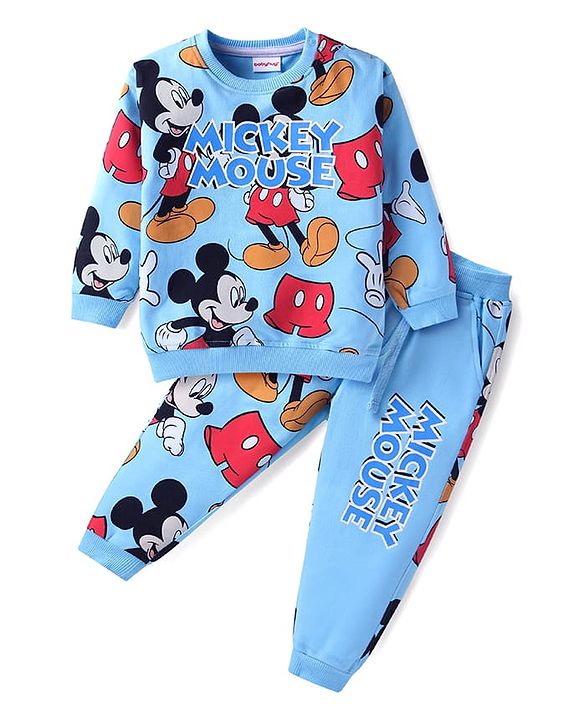 Babyhug Disney Terry Knit Full Sleeves Mickey Mouse Printed T-Shirt & Lounge Pant Set - Light Blue