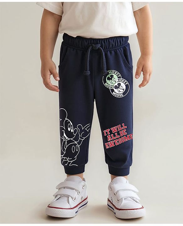 Babyhug Disney Cotton Terry Knit Full Length Lounge Pant With Mickey Mouse Graphics - Blue