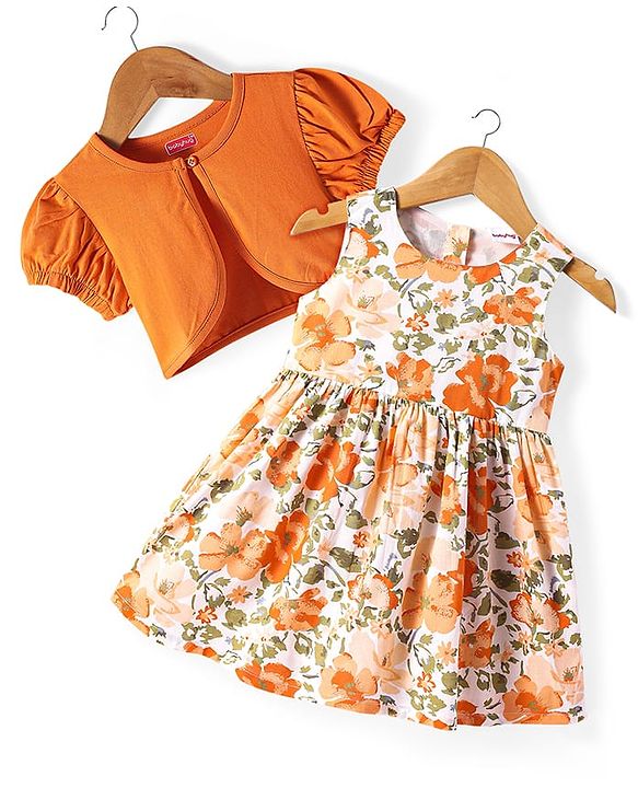 Babyhug Cotton Woven Frock & Half Sleeves Jacket With Floral Print - Orange