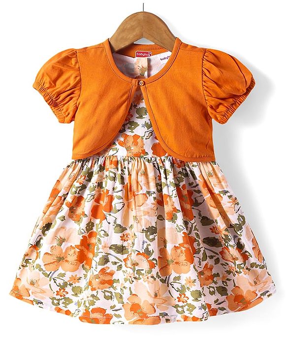Babyhug Cotton Woven Frock & Half Sleeves Jacket With Floral Print - Orange