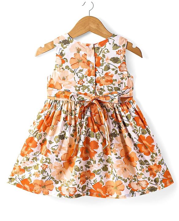 Babyhug Cotton Woven Frock & Half Sleeves Jacket With Floral Print - Orange
