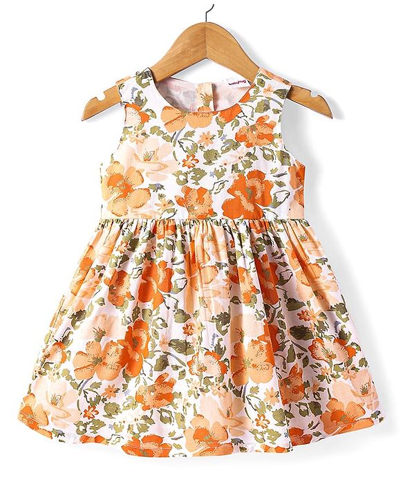 Babyhug Cotton Woven Frock & Half Sleeves Jacket With Floral Print - Orange
