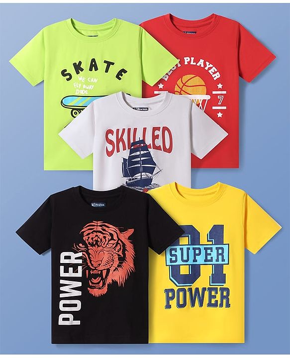 Pine Kids Cotton Knit Half Sleeves T-Shirts With Sport Theme Print Pack Of 5 - Red Grey & Black