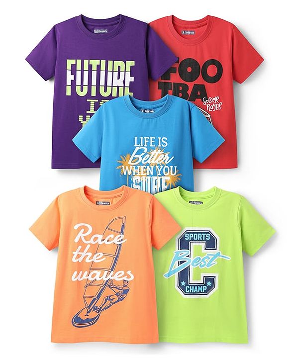 Pine Kids Cotton Knit Half Sleeves T-Shirts With  Race the Waves Text Print Pack of 5 - Red Limegreen & Blue