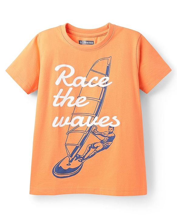 Pine Kids Cotton Knit Half Sleeves T-Shirts With  Race the Waves Text Print Pack of 5 - Red Limegreen & Blue