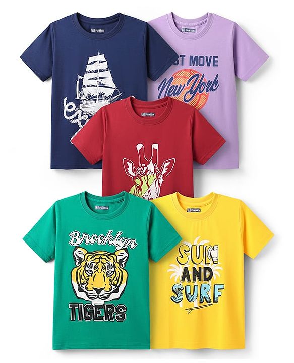 Pine Kids Cotton Knit Half Sleeves T-Shirts With Sun & Surf Text Print Pack of 5 - Plum Yellow & Navy Blue