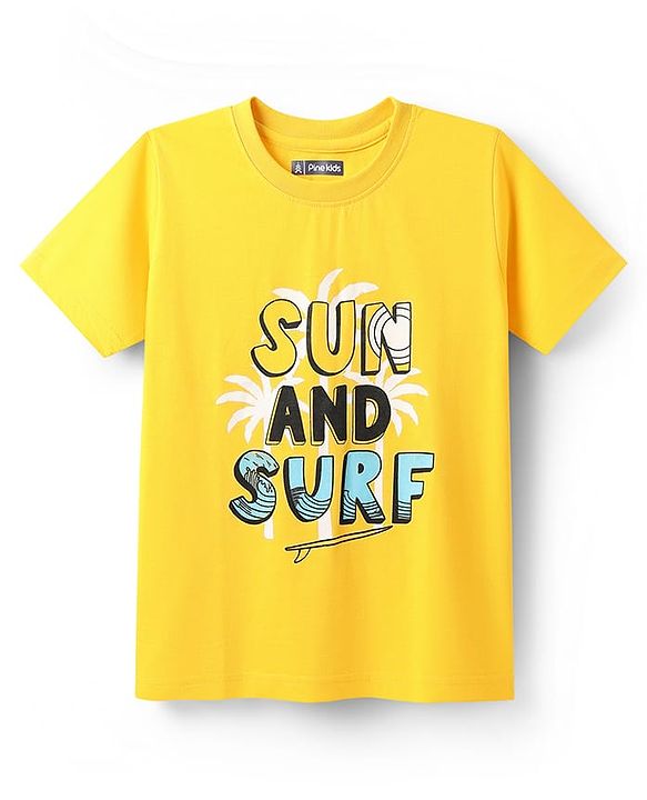 Pine Kids Cotton Knit Half Sleeves T-Shirts With Sun & Surf Text Print Pack of 5 - Plum Yellow & Navy Blue