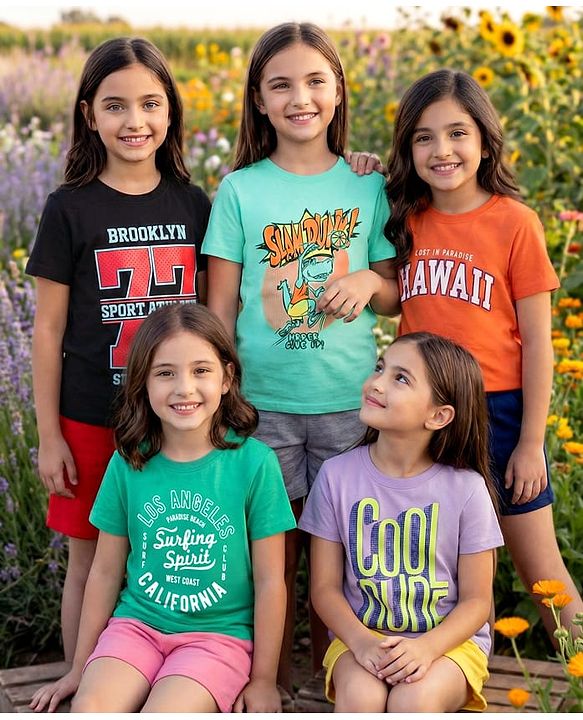 Pine Kids Cotton Knit Half Sleeves T-Shirts With Cool Dude Text Print Pack of 5 - Plum Orange & Light Blue
