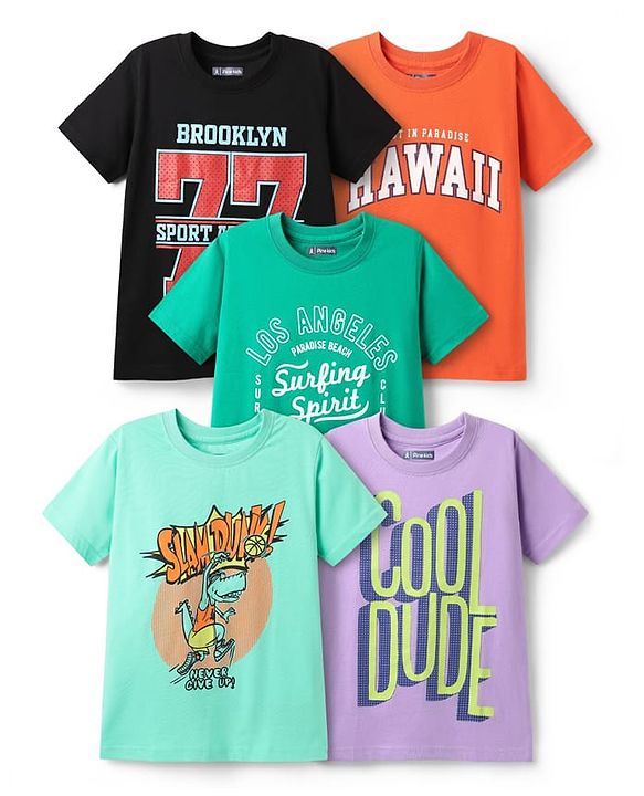 Pine Kids Cotton Knit Half Sleeves T-Shirts With Cool Dude Text Print Pack of 5 - Plum Orange & Light Blue