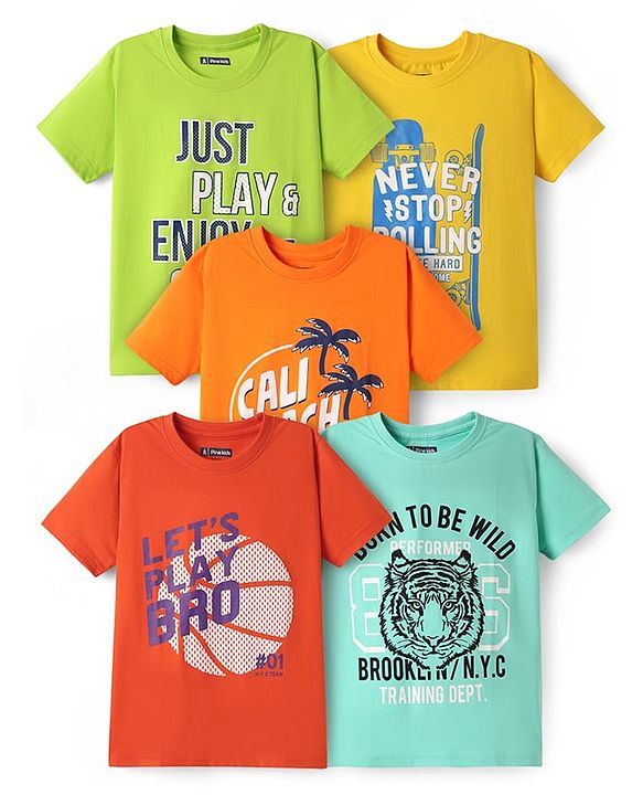 Pine Kids Cotton Knit Half Sleeves T-Shirt with Lets Play Hard Text Print Pack of 5 - Yellow Orange & Red