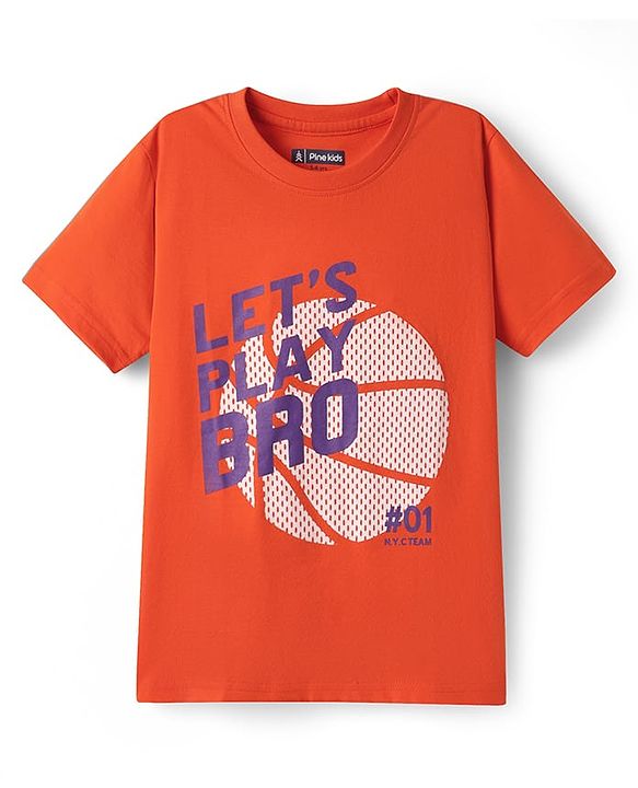 Pine Kids Cotton Knit Half Sleeves T-Shirt with Lets Play Hard Text Print Pack of 5 - Yellow Orange & Red