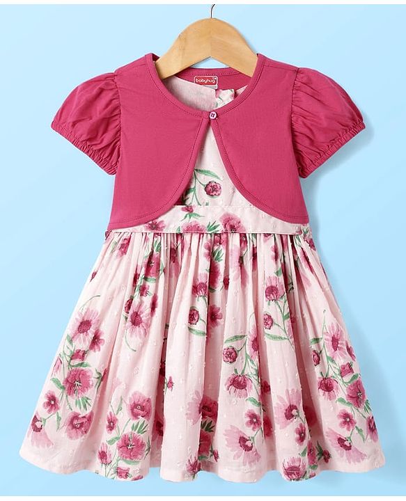 Babyhug Cotton Woven Puffed Sleeves Jacket & Frock with Floral Print - Pink