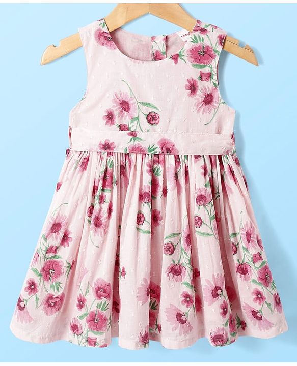 Babyhug Cotton Woven Puffed Sleeves Jacket & Frock with Floral Print - Pink