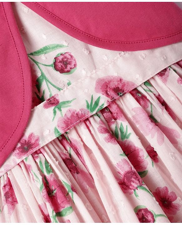 Babyhug Cotton Woven Puffed Sleeves Jacket & Frock with Floral Print - Pink