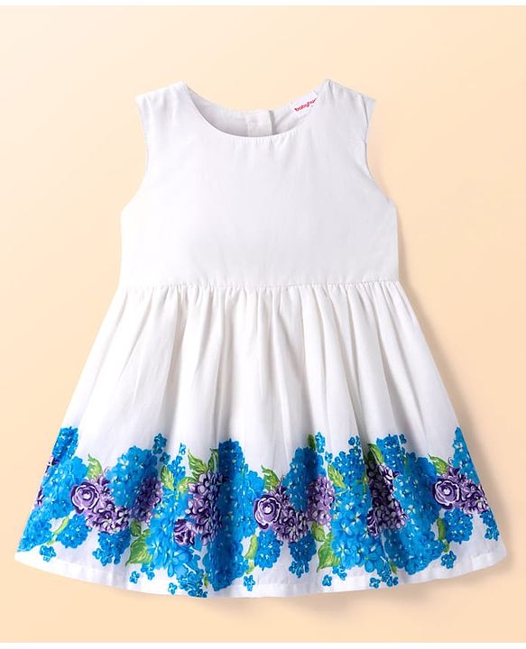 Babyhug Cotton Knit Half Puffed Sleeves Shrug & Floral Printed Frock - Blue & White