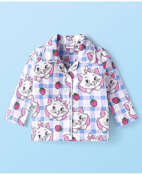 Babyhug Disney  Single Jersey Knit Full Sleeves Front Open Night Suit With Marie Graphics - White & Pink