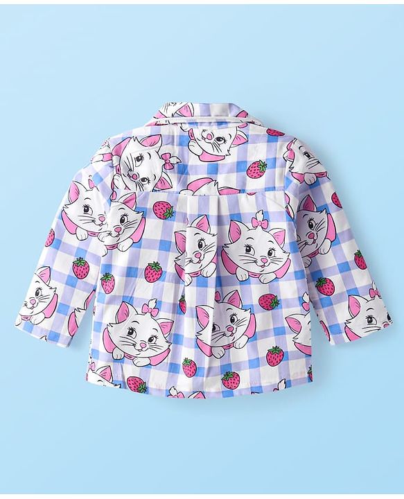 Babyhug Disney  Single Jersey Knit Full Sleeves Front Open Night Suit With Marie Graphics - White & Pink