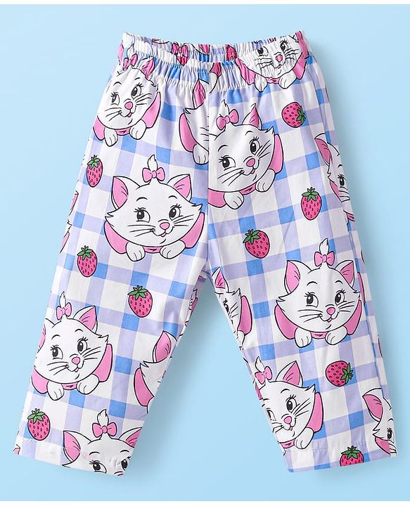 Babyhug Disney  Single Jersey Knit Full Sleeves Front Open Night Suit With Marie Graphics - White & Pink