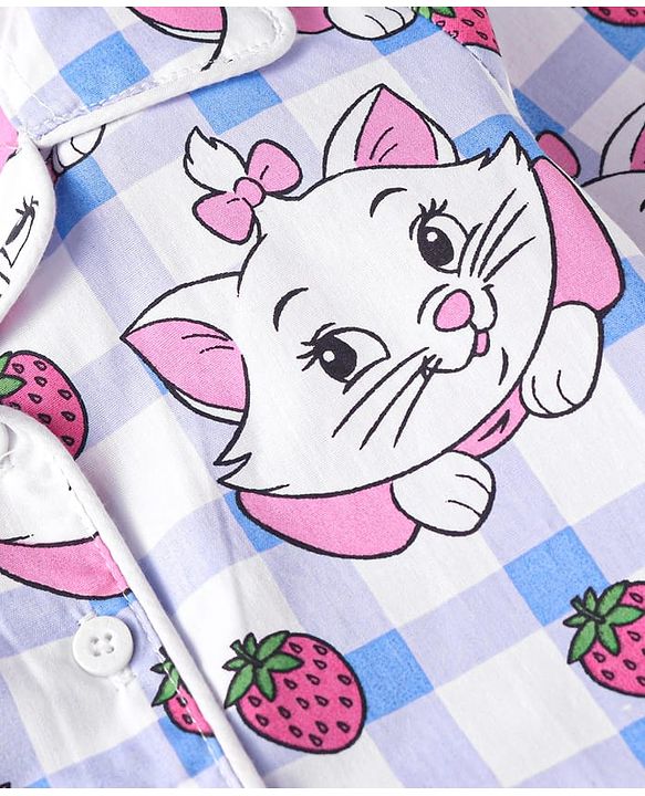 Babyhug Disney  Single Jersey Knit Full Sleeves Front Open Night Suit With Marie Graphics - White & Pink