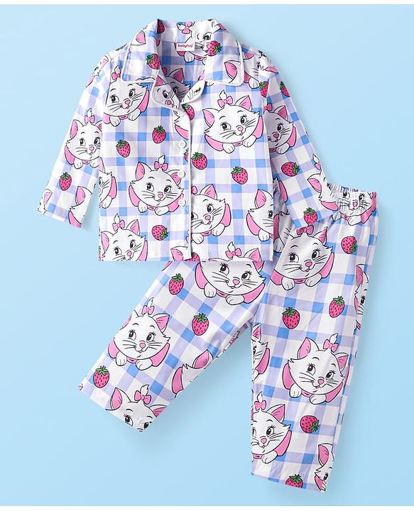 Babyhug Disney  Single Jersey Knit Full Sleeves Front Open Night Suit With Marie Graphics - White & Pink
