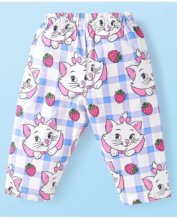 Babyhug Disney  Single Jersey Knit Full Sleeves Front Open Night Suit With Marie Graphics - White & Pink