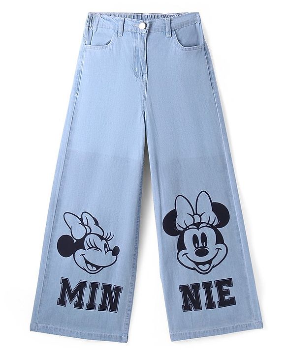 Pine Kids Disney Denim Knit Full Length Light Wash Wide Leg  Jeans with Minnie Mouse Graphics -Light Blue