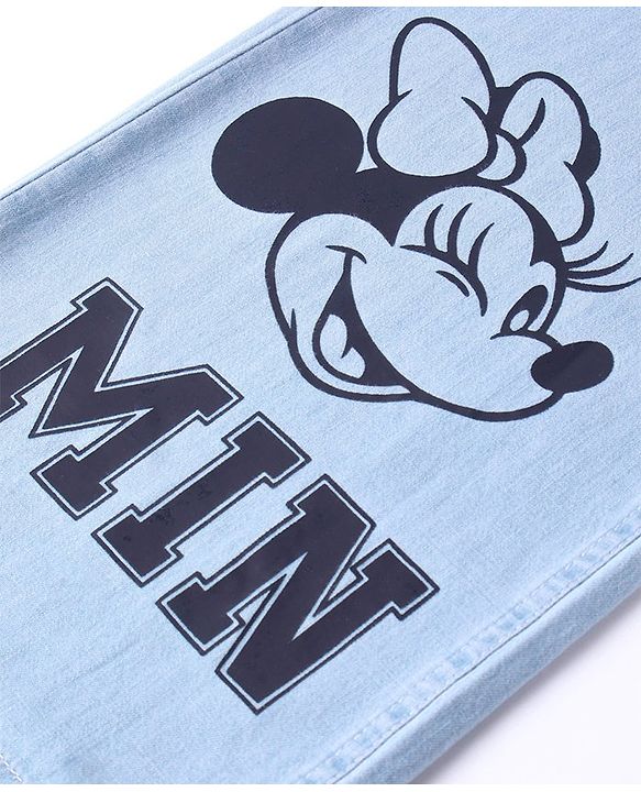 Pine Kids Disney Denim Knit Full Length Light Wash Wide Leg  Jeans with Minnie Mouse Graphics -Light Blue