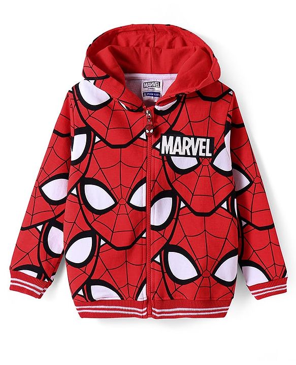 Pine Kids Marvel Terry Knit Full Sleeves Front Open Hooded Spider Man Printed Sweatshirt - Red