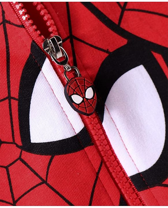 Pine Kids Marvel Terry Knit Full Sleeves Front Open Hooded Spider Man Printed Sweatshirt - Red