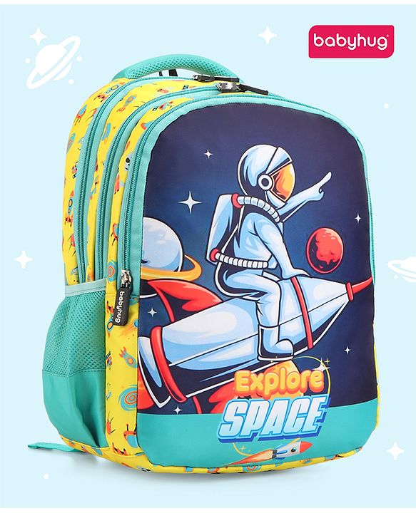 Babyhug Explore Space School Backpack|2 Main Compartments, 1 Front Pocket, 2 side Bottle Pockets|Water Resistant|Long lasting and Durable Zippers | Comfortable back cushioning | For School, Travel and Outdoors|Yellow- 16inches