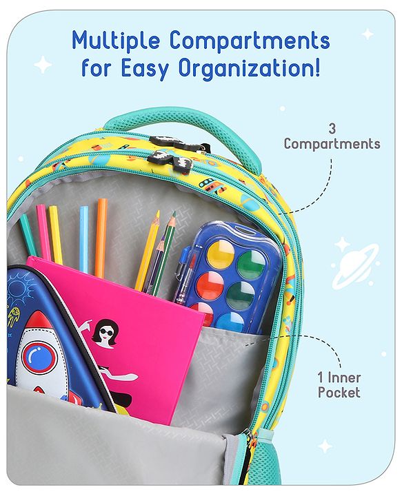 Babyhug Explore Space School Backpack|2 Main Compartments, 1 Front Pocket, 2 side Bottle Pockets|Water Resistant|Long lasting and Durable Zippers | Comfortable back cushioning | For School, Travel and Outdoors|Yellow- 16inches