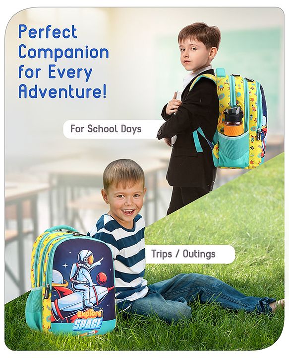 Babyhug Explore Space School Backpack|2 Main Compartments, 1 Front Pocket, 2 side Bottle Pockets|Water Resistant|Long lasting and Durable Zippers | Comfortable back cushioning | For School, Travel and Outdoors|Yellow- 16inches