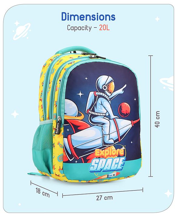 Babyhug Explore Space School Backpack|2 Main Compartments, 1 Front Pocket, 2 side Bottle Pockets|Water Resistant|Long lasting and Durable Zippers | Comfortable back cushioning | For School, Travel and Outdoors|Yellow- 16inches