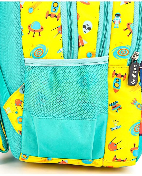 Babyhug Explore Space School Backpack|2 Main Compartments, 1 Front Pocket, 2 side Bottle Pockets|Water Resistant|Long lasting and Durable Zippers | Comfortable back cushioning | For School, Travel and Outdoors|Yellow- 16inches