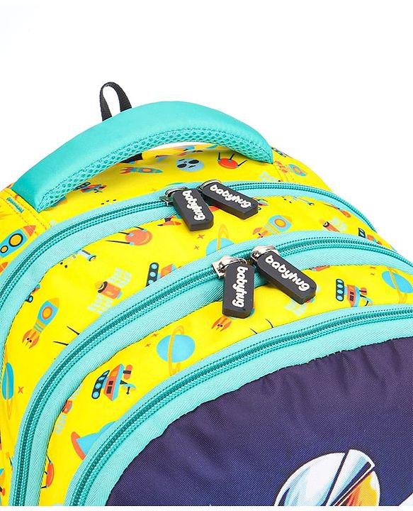 Babyhug Explore Space School Backpack|2 Main Compartments, 1 Front Pocket, 2 side Bottle Pockets|Water Resistant|Long lasting and Durable Zippers | Comfortable back cushioning | For School, Travel and Outdoors|Yellow- 16inches