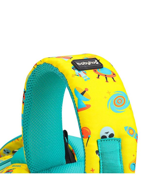 Babyhug Explore Space School Backpack|2 Main Compartments, 1 Front Pocket, 2 side Bottle Pockets|Water Resistant|Long lasting and Durable Zippers | Comfortable back cushioning | For School, Travel and Outdoors|Yellow- 16inches