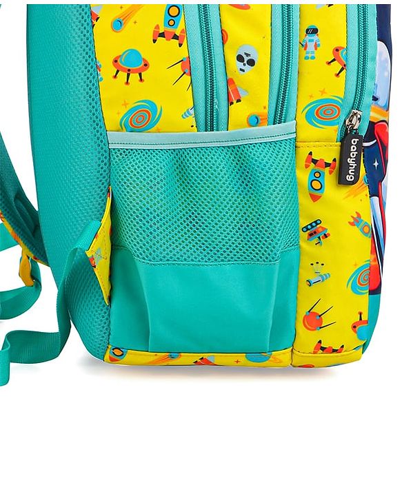 Babyhug Explore Space School Backpack|2 Main Compartments, 1 Front Pocket, 2 side Bottle Pockets|Water Resistant|Long lasting and Durable Zippers | Comfortable back cushioning | For School, Travel and Outdoors|Yellow- 16inches