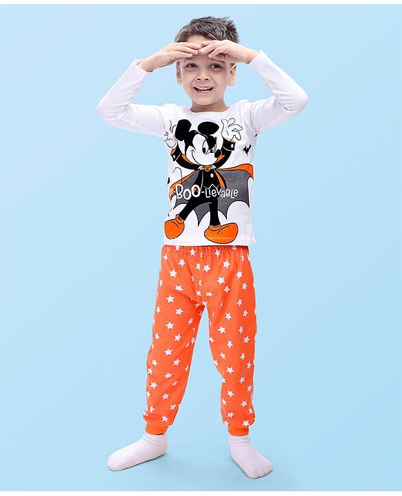 Babyhug Disney Single Jersey Knit Full Sleeves Mickey Mouse & Star Printed Night Suit - Coral & Grey
