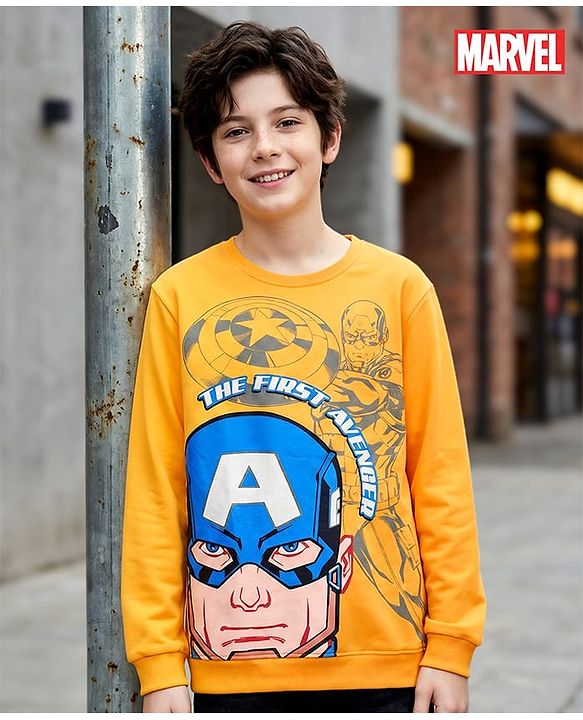 Pine Kids Marvel Terry Knit Full Sleeves Drop Shoulder  Sweatshirt with Captain America Graphics - Yellow
