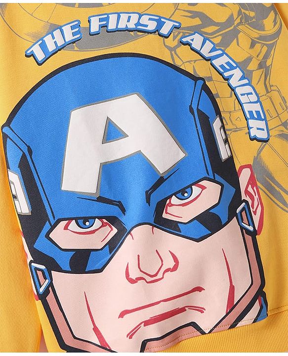 Pine Kids Marvel Terry Knit Full Sleeves Drop Shoulder  Sweatshirt with Captain America Graphics - Yellow