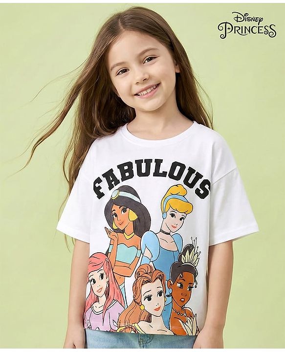 Pine Kids Disney Single Jersey Knit Half Sleeves Drop Shoulder Oversized T-Shirt with Disney Princes Graphics - White
