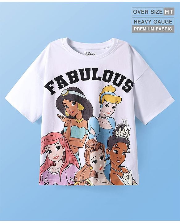 Pine Kids Disney Single Jersey Knit Half Sleeves Drop Shoulder Oversized T-Shirt with Disney Princes Graphics - White