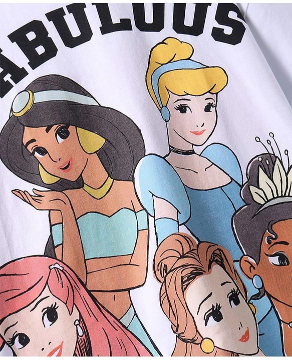 Pine Kids Disney Single Jersey Knit Half Sleeves Drop Shoulder Oversized T-Shirt with Disney Princes Graphics - White