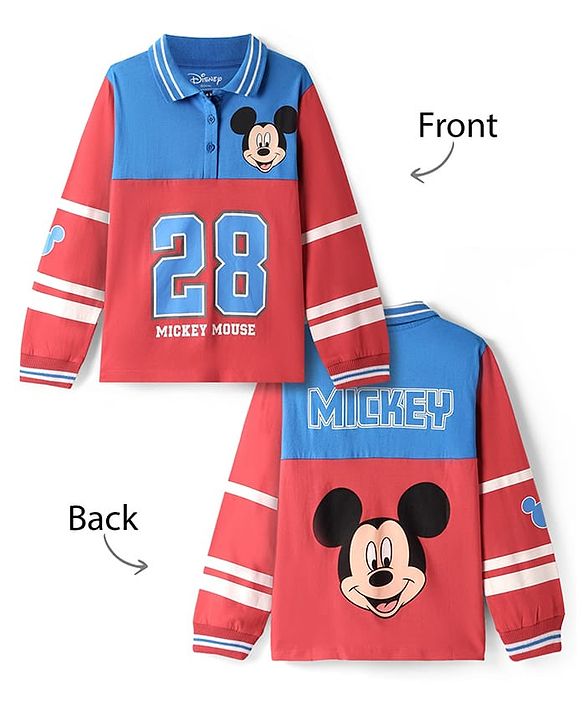 Pine Kids Disney Single Jersey Knit Full Sleeves Cut & Sew Polo T-Shirt with Front & Back Mickey Mouse Graphics - Red & Blue