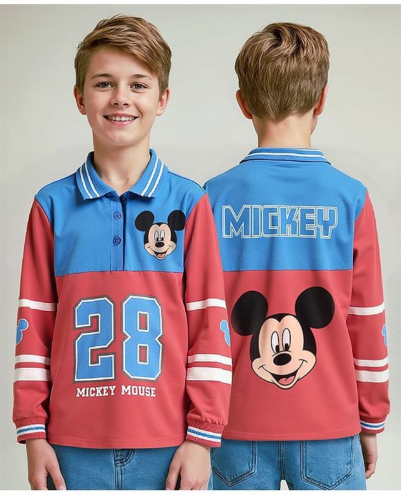Pine Kids Disney Single Jersey Knit Full Sleeves Cut & Sew Polo T-Shirt with Front & Back Mickey Mouse Graphics - Red & Blue