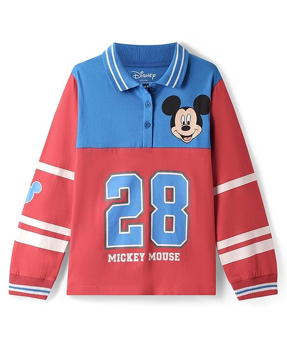 Pine Kids Disney Single Jersey Knit Full Sleeves Cut & Sew Polo T-Shirt with Front & Back Mickey Mouse Graphics - Red & Blue