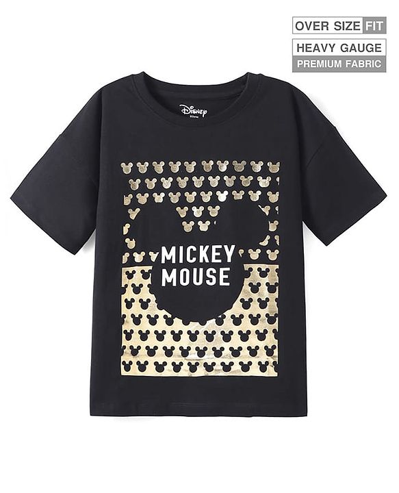 Pine Kids Disney Single Jersey Knit Half Drop Shoulder Sleeves Over Sized T-Shirt with Mickey Mouse Graphics & Foil Detailing - Black